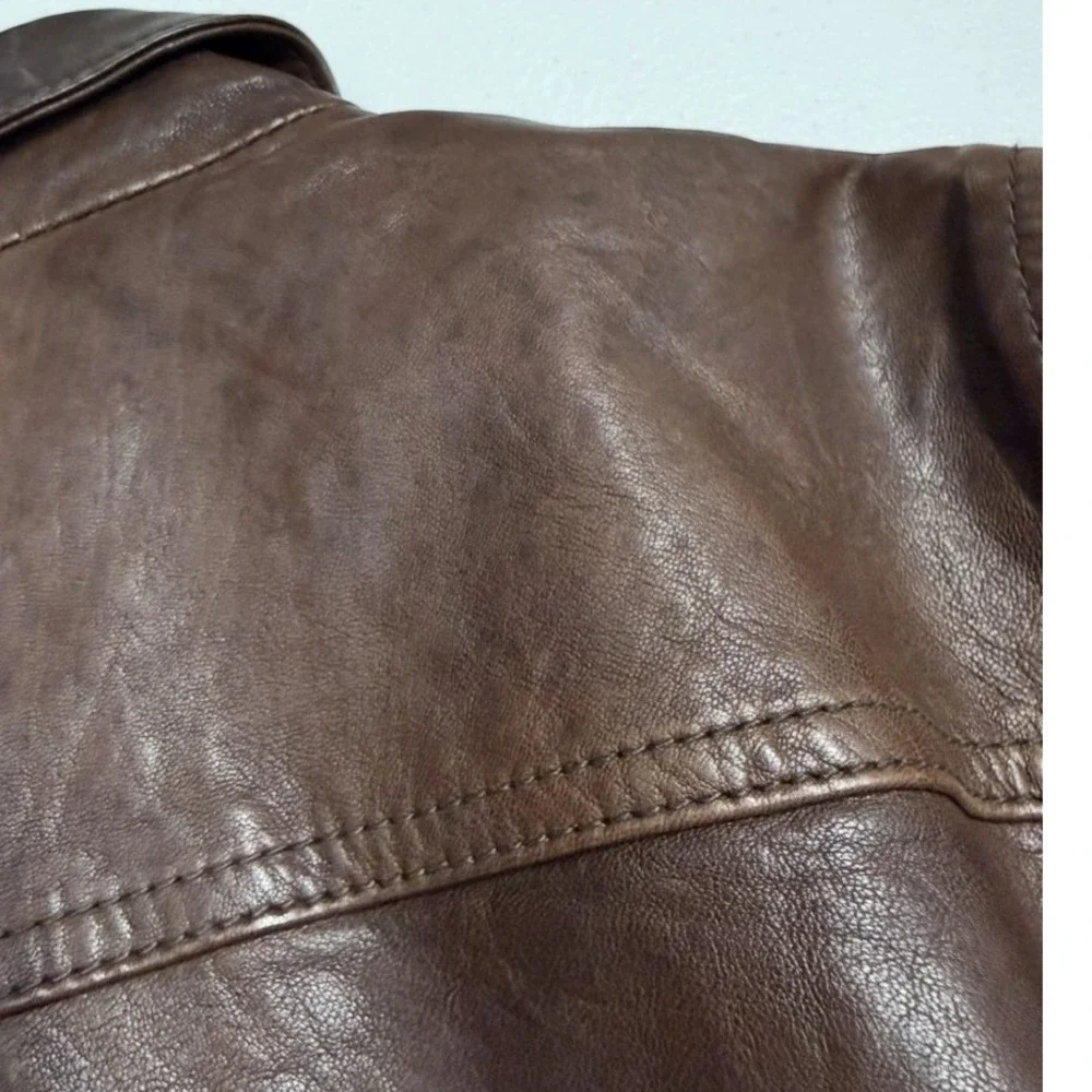 Fossil Brown Leather Cropped lamb leather Jacket Womens Trucker Button Front - Picture 8 of 9